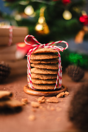 Handmade cookies wrapped with festive rope, capturing the spirit of Christmas and New Year  perfect as heartfelt gift in cozy vertical holiday photo concept.の写真素材