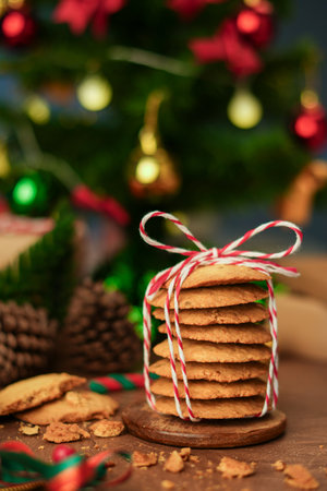 Handmade cookies wrapped with festive rope, capturing the spirit of Christmas and New Year  perfect as heartfelt gift in cozy vertical holiday photo concept.の写真素材