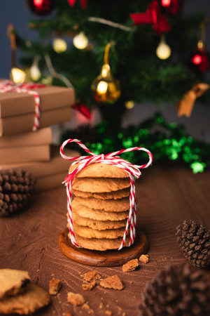 Handmade cookies wrapped with festive rope, capturing the spirit of Christmas and New Year  perfect as heartfelt gift in cozy vertical holiday photo concept.の写真素材