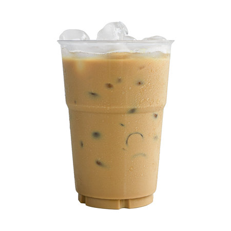 Iced coffee on plastic glass isolated white background, summer drink conceptの写真素材
