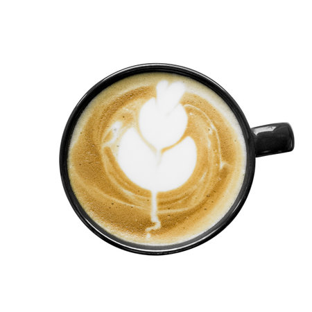 Top view cup of homemade coffee latte art isolated white background.の写真素材