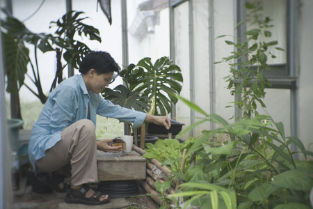 Sustainable urban gardener repurposing spent coffee grounds as organic fertiliser for fresh leafy greens. Eco-friendly DIY composting recycling food waste the growing trend of home vegetable farming.の写真素材