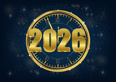 Merry Christmas and New Year 2026 countdown illustration featuring a gold shiny clock and sparkling ornaments, designed as festive vector banner for bright holiday celebration card.のイラスト素材