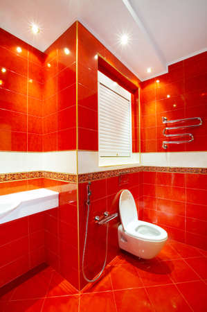 Interior of a fashionable toilet in red-white colour scaleの写真素材