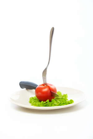 Plate with vegetables and the tablewares, isolatedの写真素材