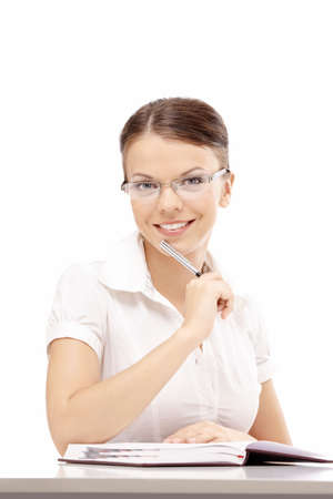 Woman with notepad on white backgroundの写真素材