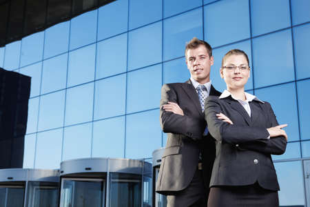 Young people in the background of business building