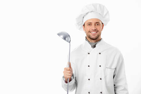 Chef with ladle on a white backgroundの写真素材