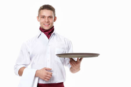 An attractive waitress with a tray on a white backgroundの写真素材