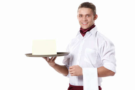 The young waiter with a tray on a white backgroundの写真素材