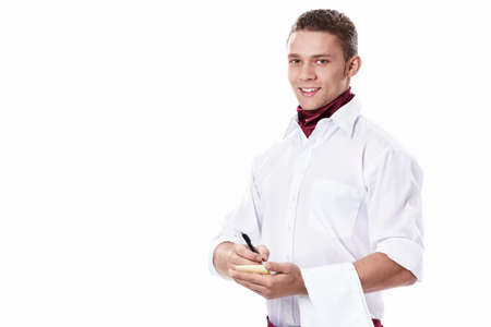 Attractive waiter on a white background