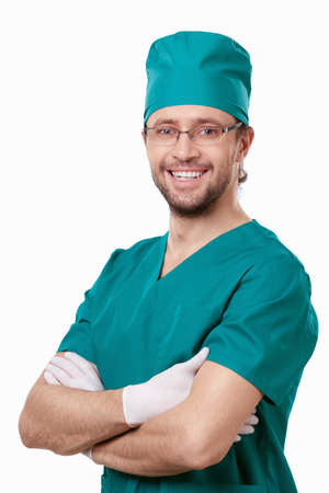Smiling doctor with a white backgroundの写真素材