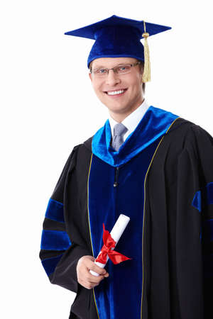 Young student with a diploma on white backgroundの写真素材