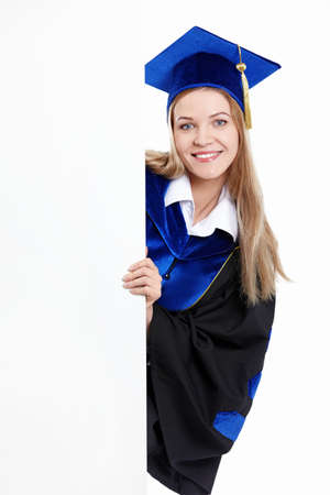 Student with a blank billboard on a white backgroundの写真素材