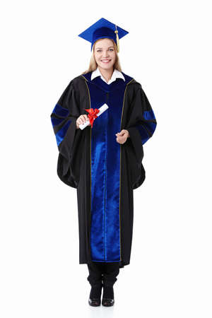 Student with a diploma on white backgroundの写真素材