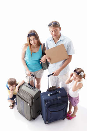 Weary families with children with an empty plate on a white backgroundの写真素材