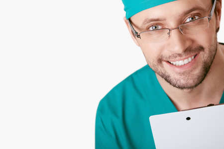 Surgeon close-up on white backgroundの写真素材