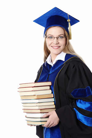 Young girl with books on white backgroundの写真素材