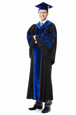 A young man in a robe with a white backgroundの写真素材