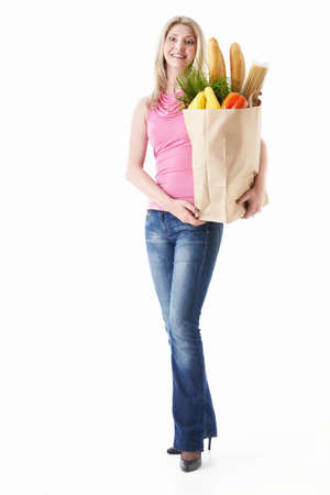 Happy girl with food on a white backgroundの写真素材