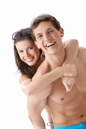 Young happy couple on white backgroundの写真素材