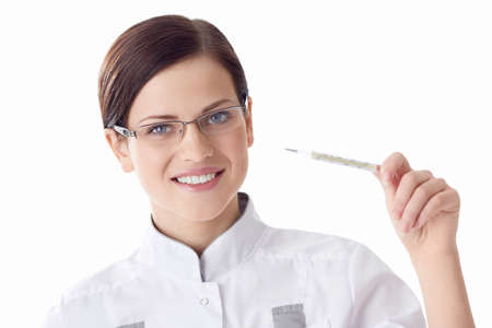 Doctor with a thermometer on a white background