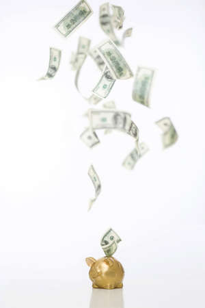 Piggy bank with money on a white backgroundの写真素材