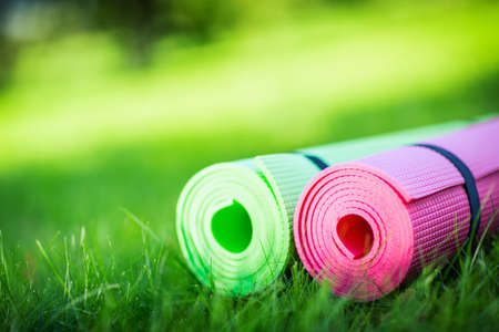 Gymnastic mats on the grassの写真素材