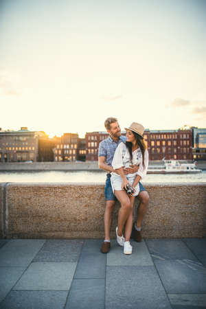 Young couple of tourists outdoorsの写真素材