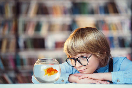 Boy makes a wish in libraryの写真素材