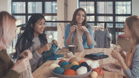 Young women in knitting studioの写真素材