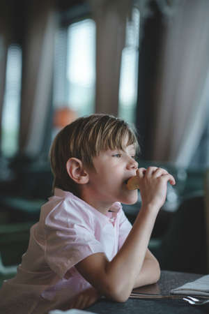 Little boy eating pie in a cafeの写真素材