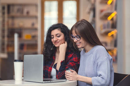 Smiling women with laptop in the library