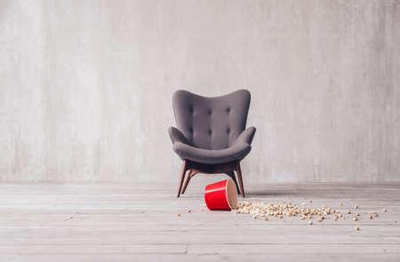 Scattered popcorn in the cinemaの写真素材