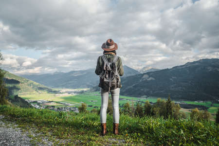 Young traveler in the mountains in Austriaの写真素材
