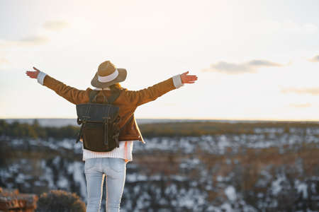 Young tourist with a backpack in the Grand Canyon National Parkの写真素材