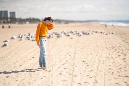 Attractive girl on the beach in Santa Monica, Los Angelesの写真素材