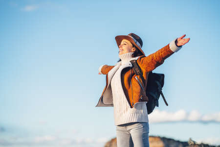Happy girl in Grand Canyon National Park at sunsetの写真素材