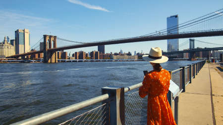 Young woman on the view point, NYCの写真素材