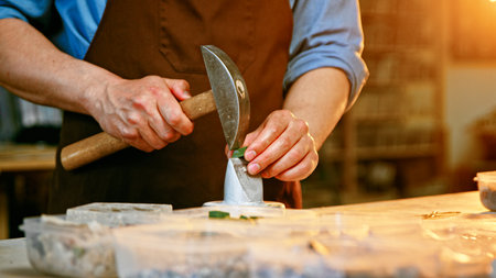 Working man with a hammer in creative workshopの写真素材