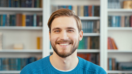 Young man smiles on the background of shelves with booksの写真素材