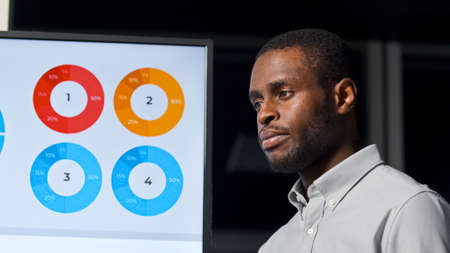 Young afro american businessman listening questions after presentation in evening officeの写真素材