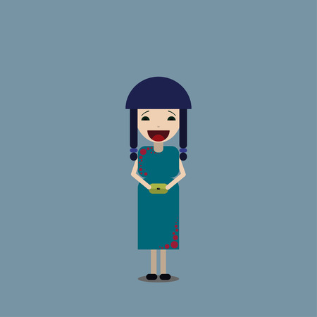 Happy girl with pigtails in asian dress in vector eps10のイラスト素材