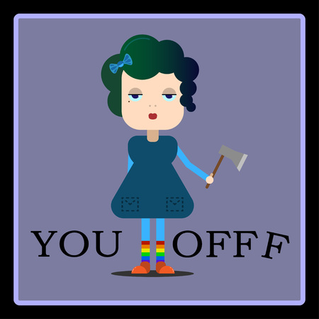 Cute girl with ax  in blue dress and rainbow socksのイラスト素材