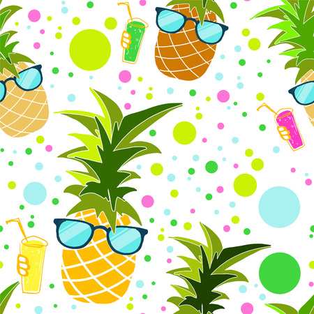 Seamless pattern with cool pineapple in sunglasses on bubbles background