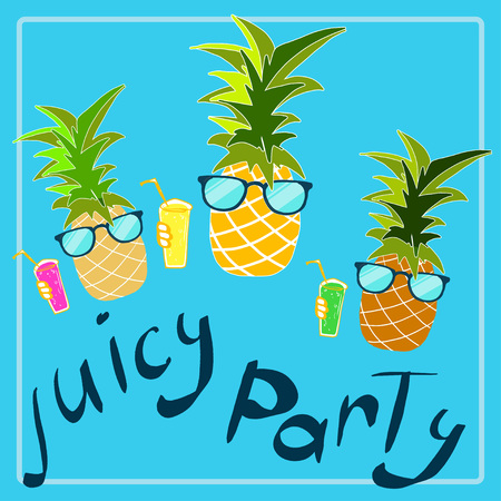 Cool pineapples in sunglasses with juice on blue background in vectorのイラスト素材
