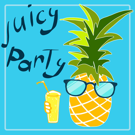 Cool pineapple in sunglasses with juice on blue background in vectorのイラスト素材