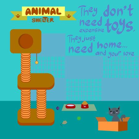 Cat from animal shelter with toys on the floor, cages and hand lettering enchanting inscription on blue background in vectorのイラスト素材