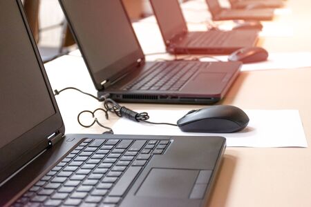 laptop arranging rows in the training roomの写真素材