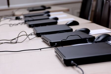 laptop arranging rows in the training roomの写真素材